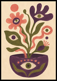 Lekfulla blommor och blad med vakande ögon i varma, målade toner.-6