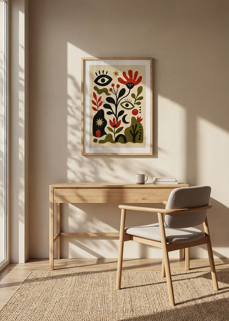 Lekfull botanisk konst med mystiska ögon, röda blommor och jordnära former.-12