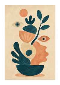 Abstrakta blommor, blad och vakande ögon i varma jordtoner.-1