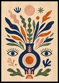 Färgstark botanisk vas med ögon, solsymboler och mjuka blad i folklig stil.-6