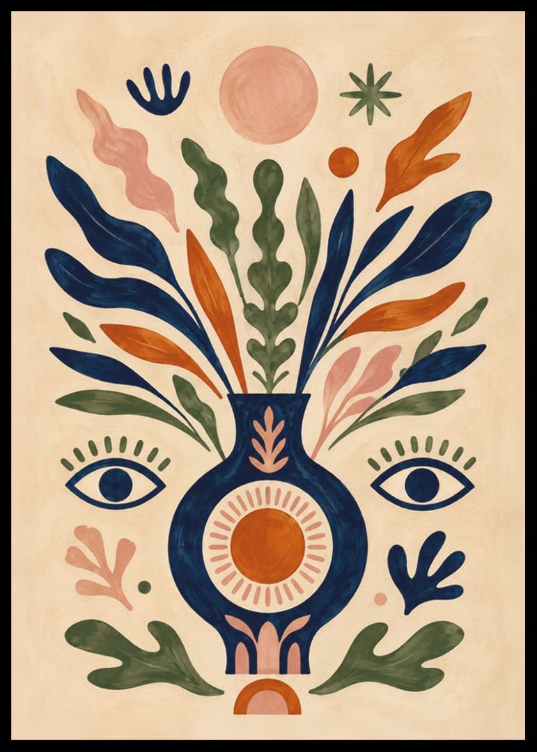 Färgstark botanisk vas med ögon, solsymboler och mjuka blad i folklig stil.-12