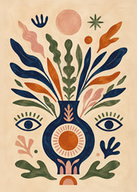 Färgstark botanisk vas med ögon, solsymboler och mjuka blad i folklig stil.-7