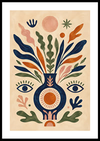 Färgstark botanisk vas med ögon, solsymboler och mjuka blad i folklig stil.-0