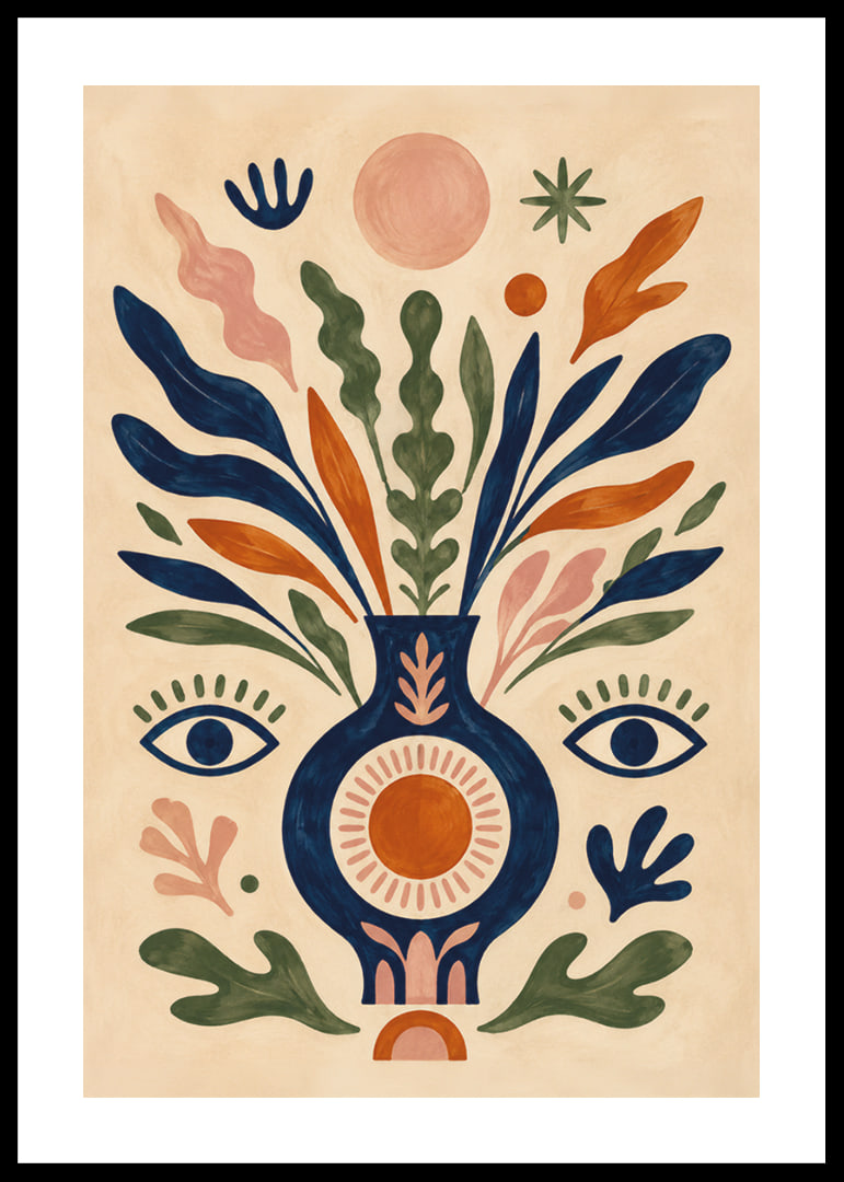 Färgstark botanisk vas med ögon, solsymboler och mjuka blad i folklig stil.-12