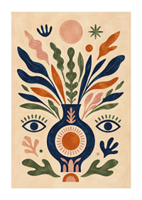 Färgstark botanisk vas med ögon, solsymboler och mjuka blad i folklig stil.-1