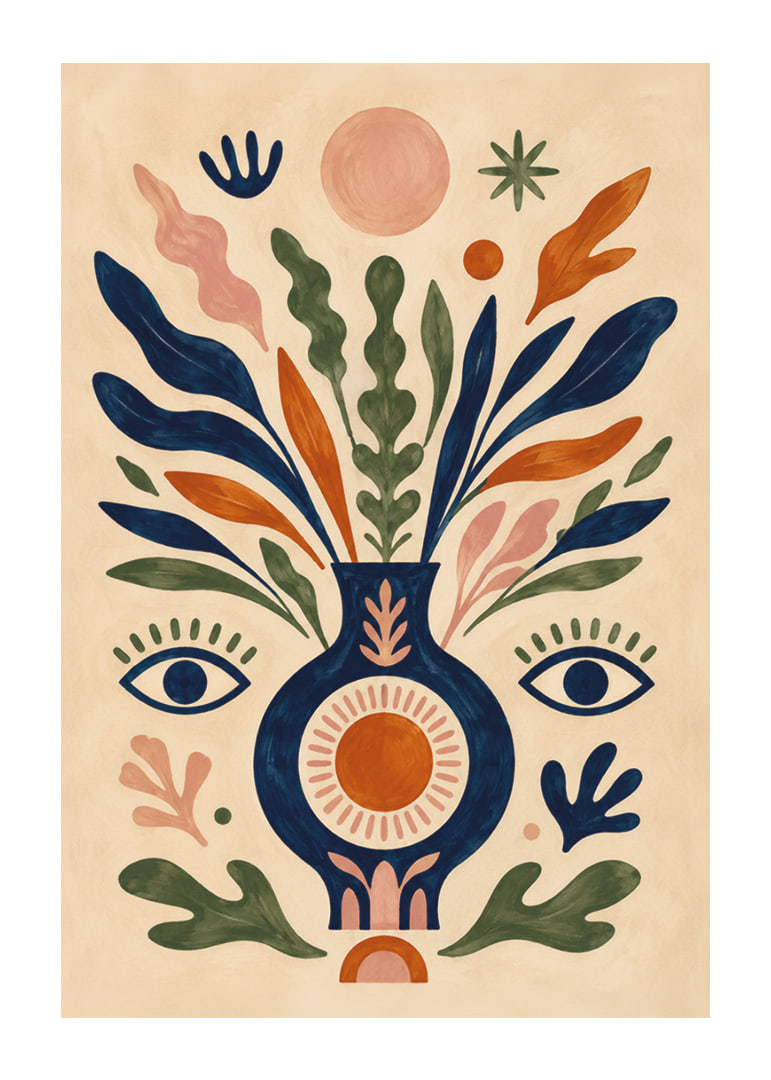Färgstark botanisk vas med ögon, solsymboler och mjuka blad i folklig stil.-12