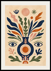 Färgstark botanisk vas med ögon, solsymboler och mjuka blad i folklig stil.-2