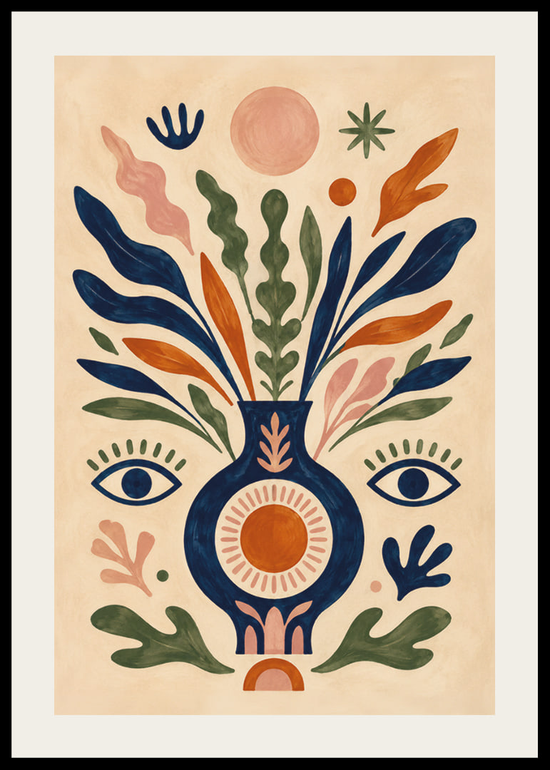 Färgstark botanisk vas med ögon, solsymboler och mjuka blad i folklig stil.-12