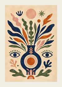 Färgstark botanisk vas med ögon, solsymboler och mjuka blad i folklig stil.-3