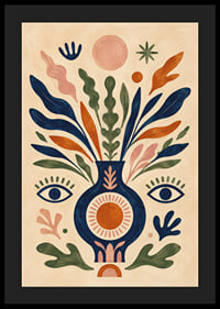 Färgstark botanisk vas med ögon, solsymboler och mjuka blad i folklig stil.-4