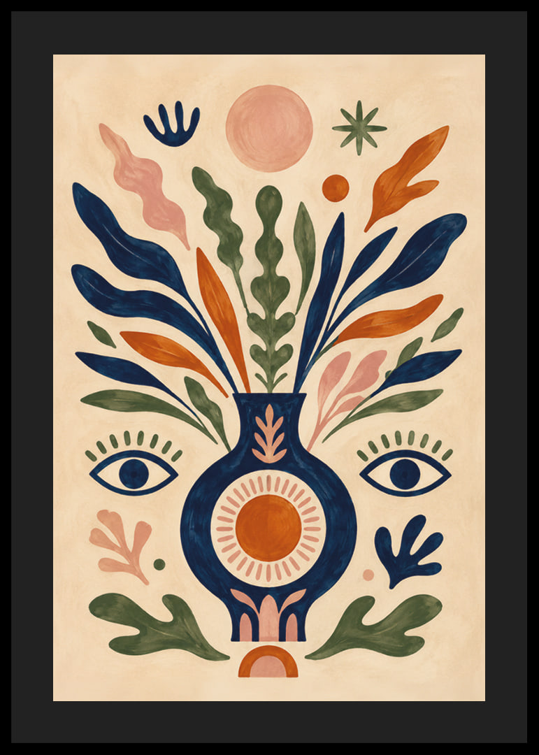 Färgstark botanisk vas med ögon, solsymboler och mjuka blad i folklig stil.-12