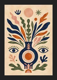 Färgstark botanisk vas med ögon, solsymboler och mjuka blad i folklig stil.-5