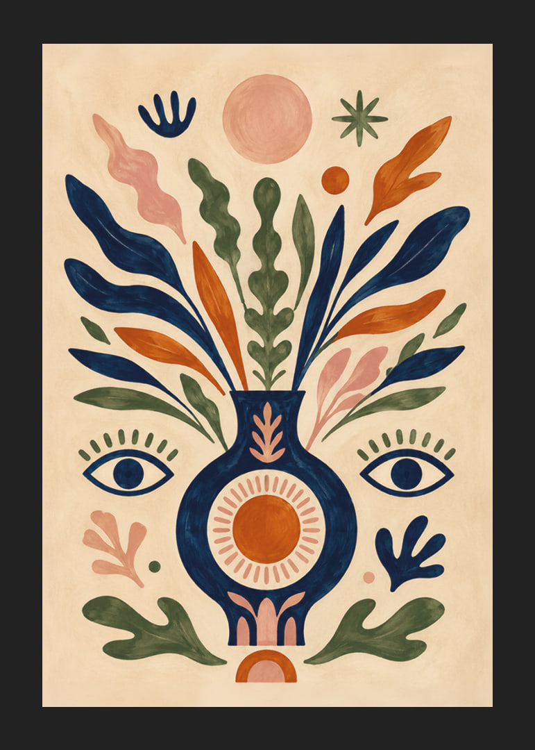 Färgstark botanisk vas med ögon, solsymboler och mjuka blad i folklig stil.-12