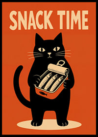 Un gato negro sostiene una lata de sardinas con un estilo retro y desenfadado.-6