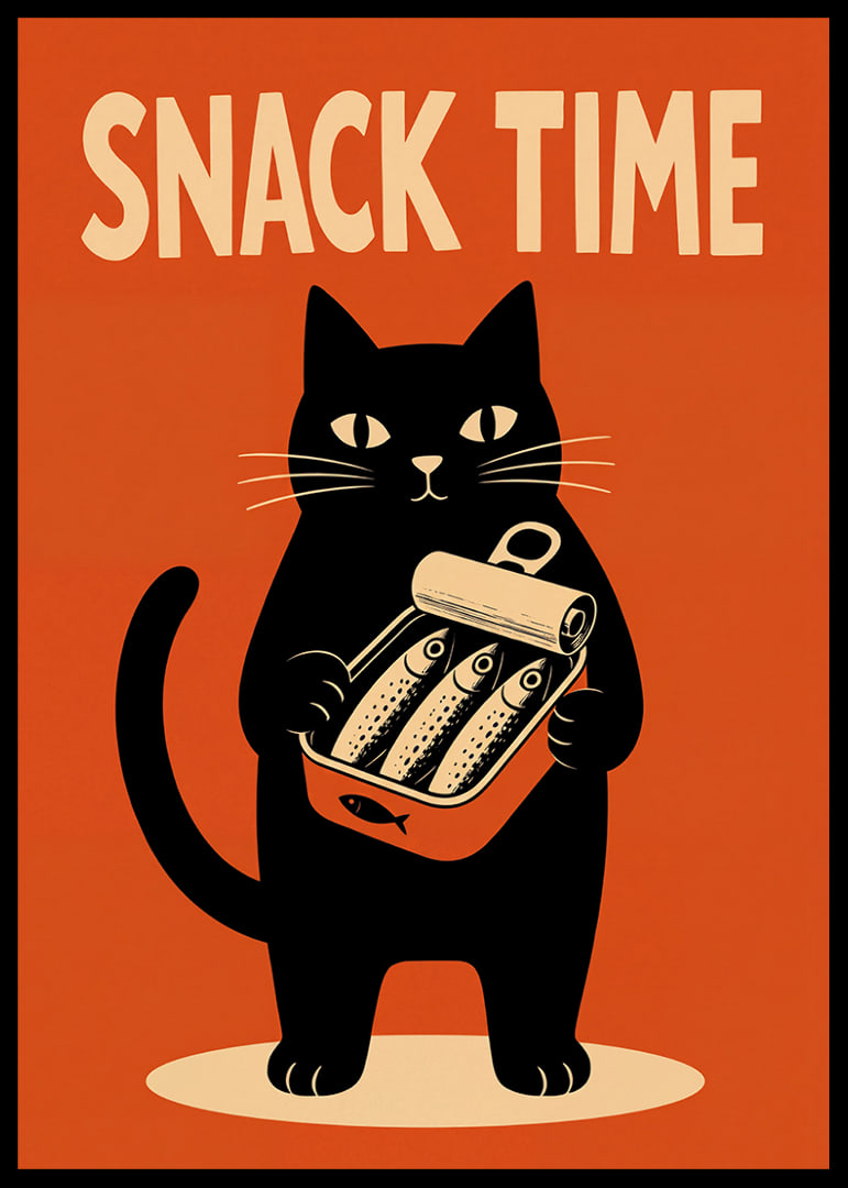 Un gato negro sostiene una lata de sardinas con un estilo retro y desenfadado.-12