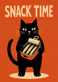 Un gato negro sostiene una lata de sardinas con un estilo retro y desenfadado.-7