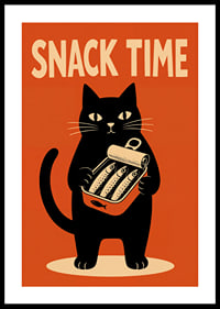 Un gato negro sostiene una lata de sardinas con un estilo retro y desenfadado.-0