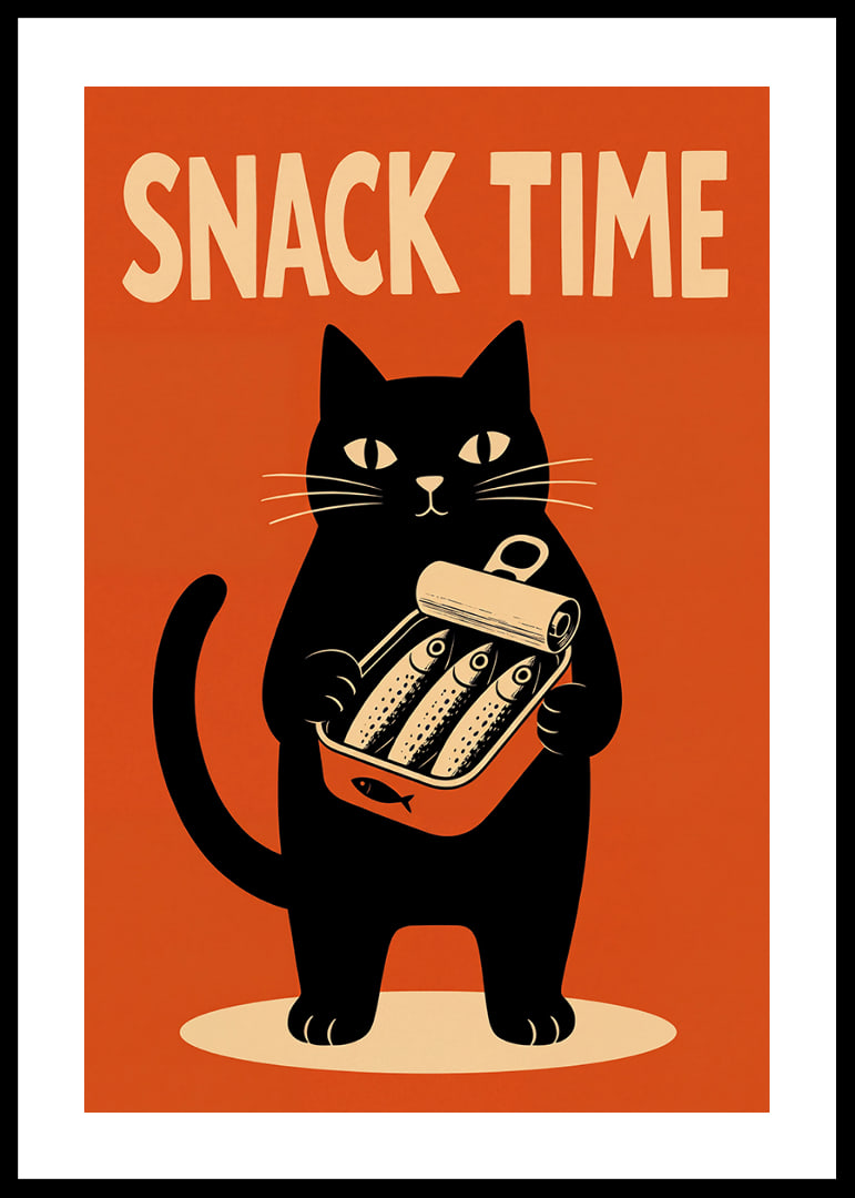 Un gato negro sostiene una lata de sardinas con un estilo retro y desenfadado.-12