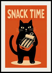 Un gato negro sostiene una lata de sardinas con un estilo retro y desenfadado.-2