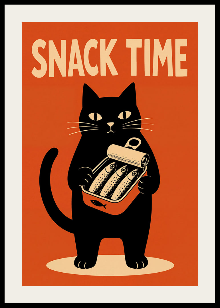 Un gato negro sostiene una lata de sardinas con un estilo retro y desenfadado.-12