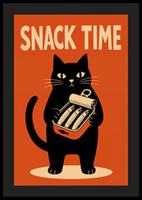 Un gato negro sostiene una lata de sardinas con un estilo retro y desenfadado.-4