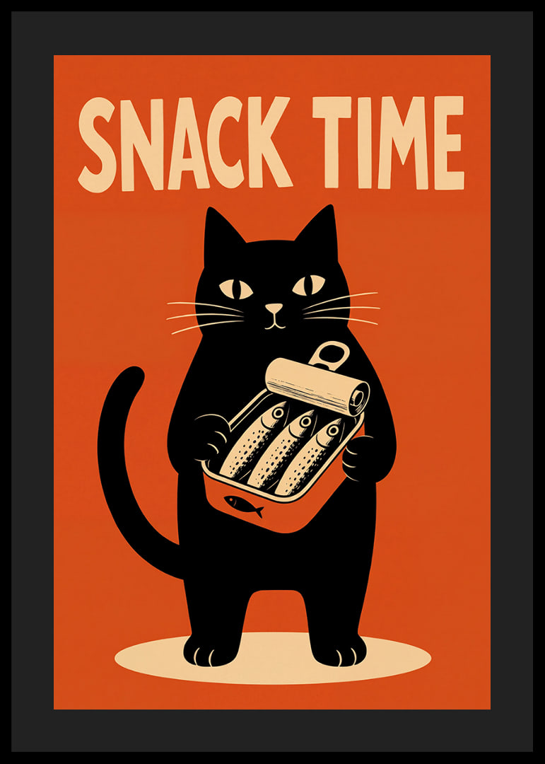 Un gato negro sostiene una lata de sardinas con un estilo retro y desenfadado.-12