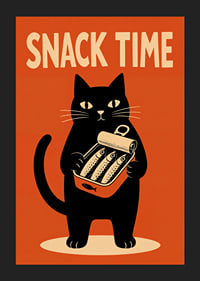 Un gato negro sostiene una lata de sardinas con un estilo retro y desenfadado.-5