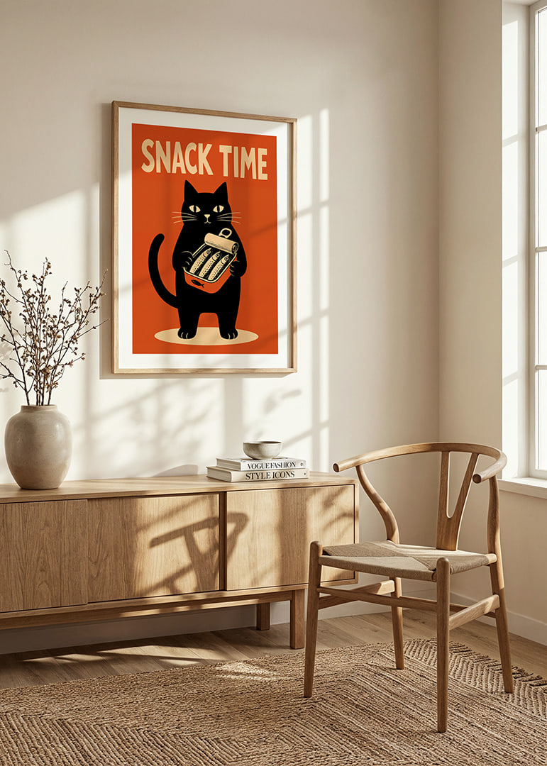 Un gato negro sostiene una lata de sardinas con un estilo retro y desenfadado.-12