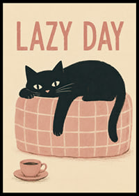 En svart katt slappar på en rosa soffa med kaffe och varm, lekfull känsla.-6