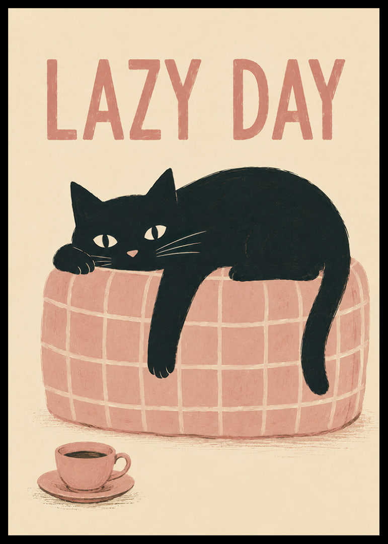 En svart katt slappar på en rosa soffa med kaffe och varm, lekfull känsla.-12