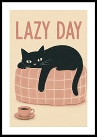 En svart katt slappar på en rosa soffa med kaffe och varm, lekfull känsla.-0