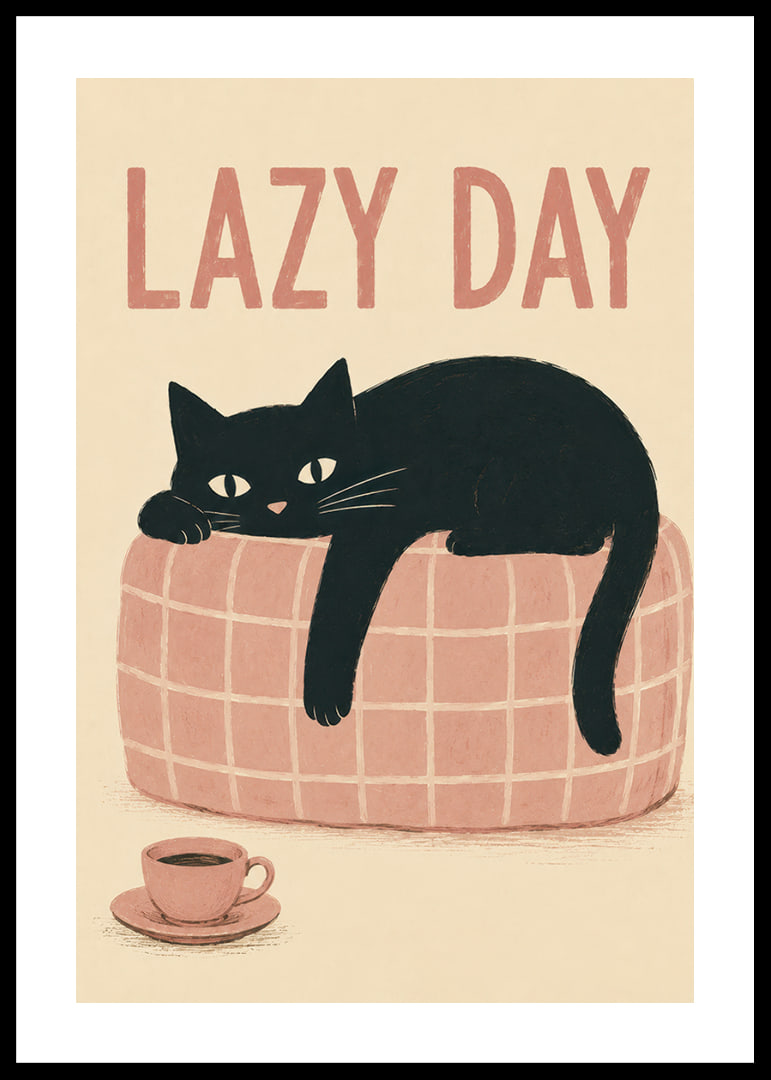 En svart katt slappar på en rosa soffa med kaffe och varm, lekfull känsla.-12