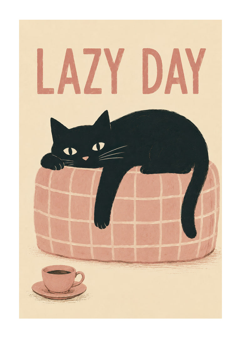 En svart katt slappar på en rosa soffa med kaffe och varm, lekfull känsla.-12
