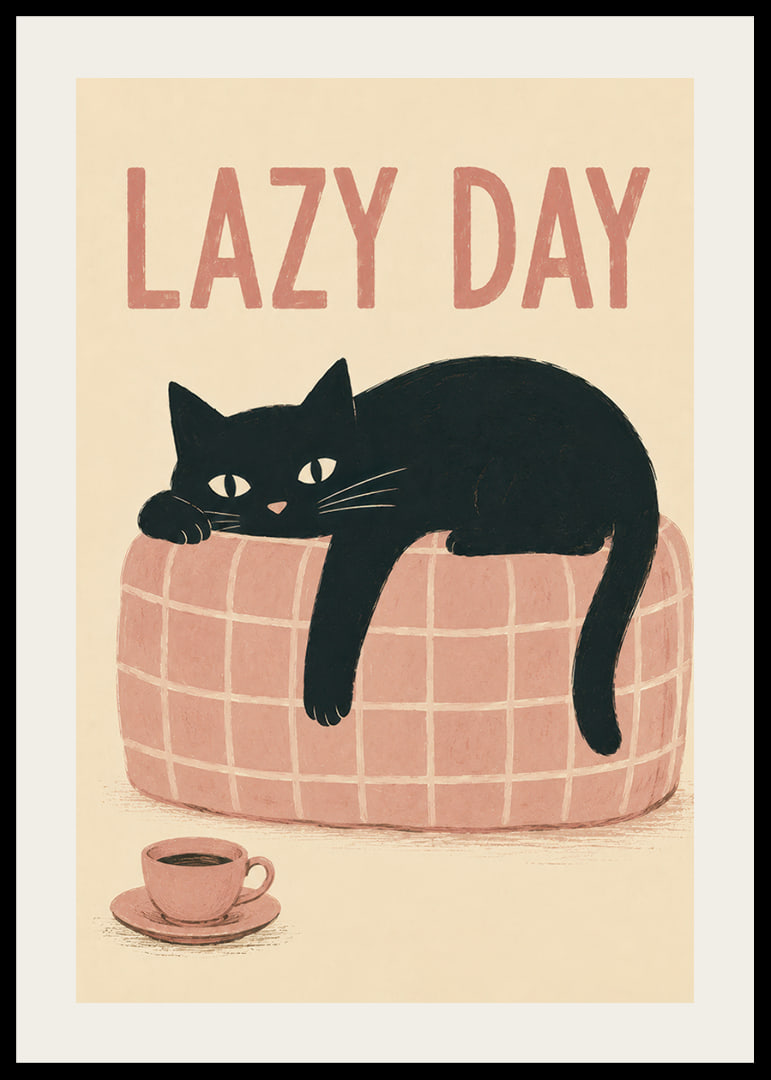 En svart katt slappar på en rosa soffa med kaffe och varm, lekfull känsla.-12