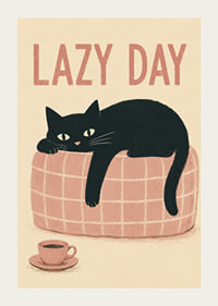 En svart katt slappar på en rosa soffa med kaffe och varm, lekfull känsla.-3
