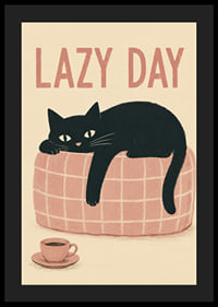 En svart katt slappar på en rosa soffa med kaffe och varm, lekfull känsla.-4