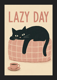 En svart katt slappar på en rosa soffa med kaffe och varm, lekfull känsla.-5