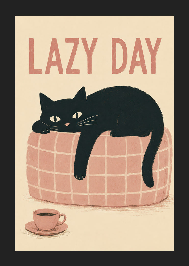 En svart katt slappar på en rosa soffa med kaffe och varm, lekfull känsla.-12