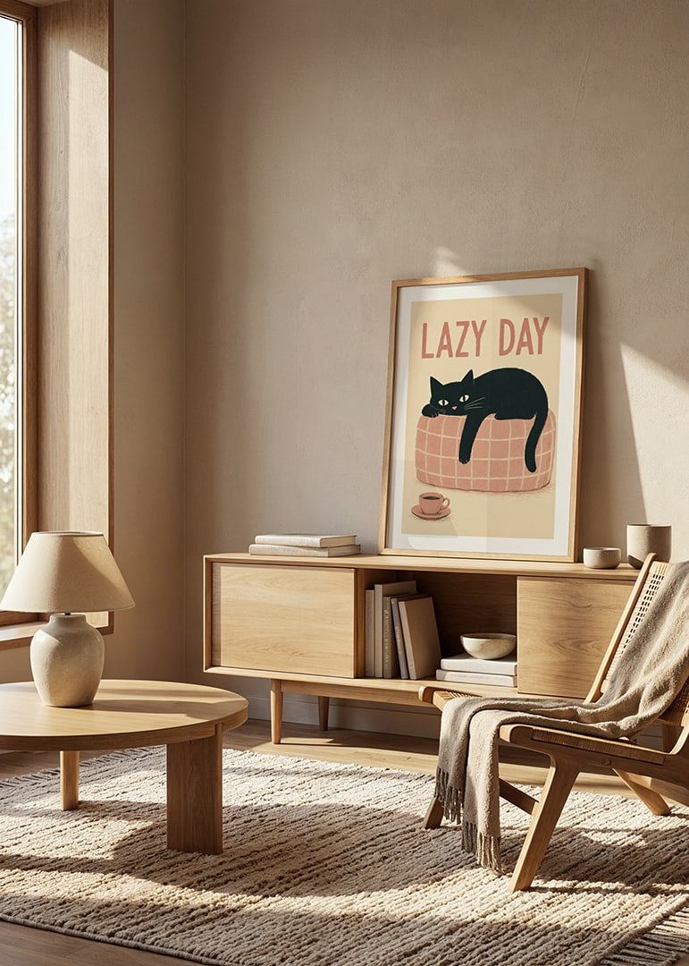 En svart katt slappar på en rosa soffa med kaffe och varm, lekfull känsla.-12