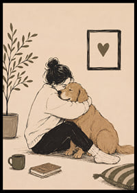 En varm illustration av en person som kramar sin golden retriever hemma.-6