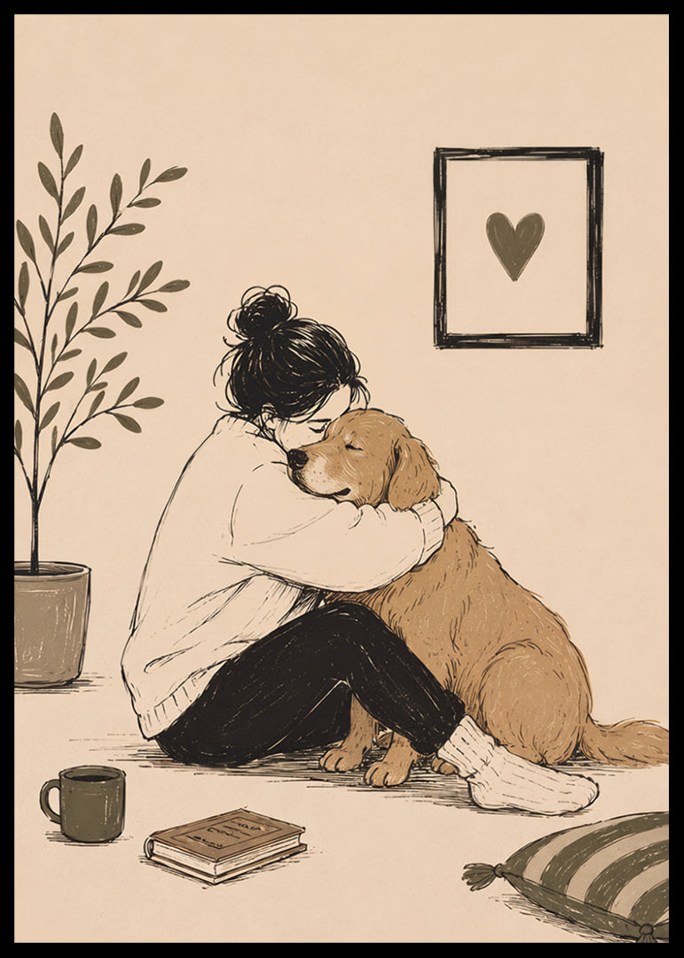 En varm illustration av en person som kramar sin golden retriever hemma.-12