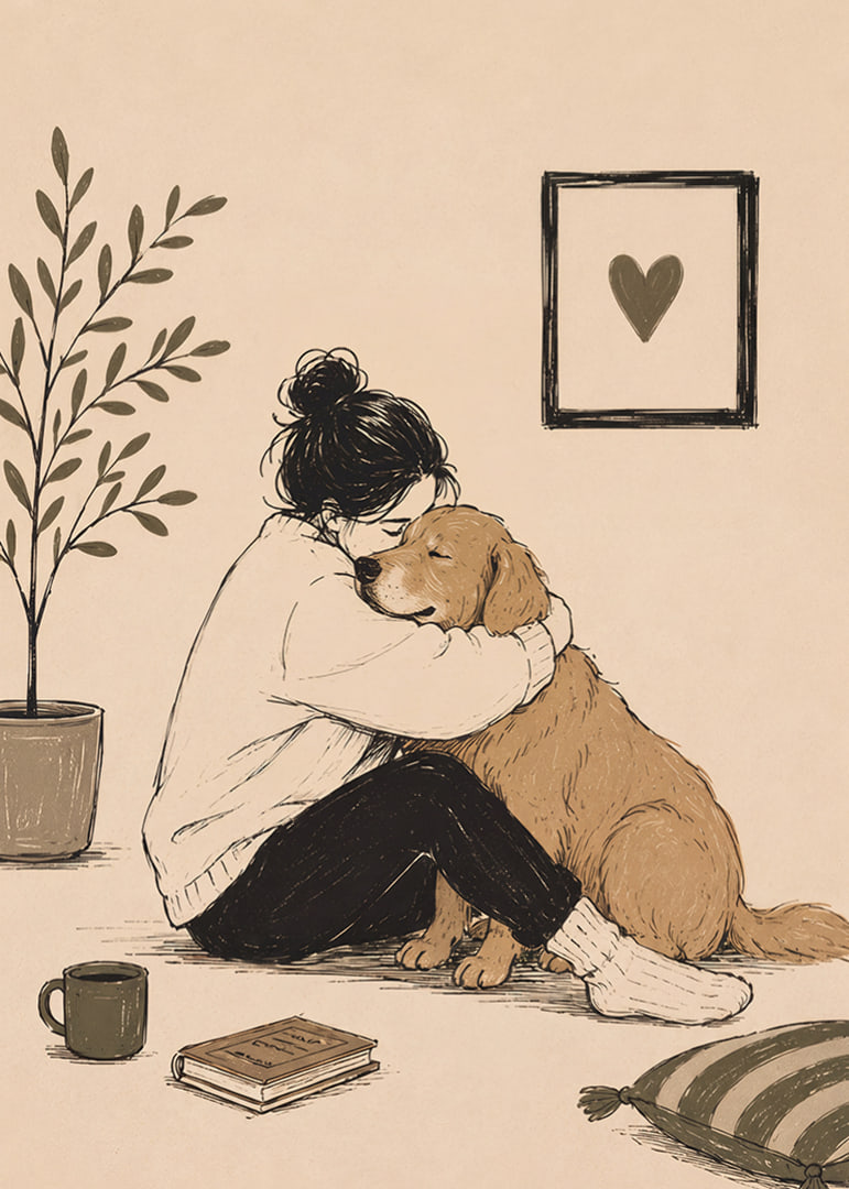 En varm illustration av en person som kramar sin golden retriever hemma.-12