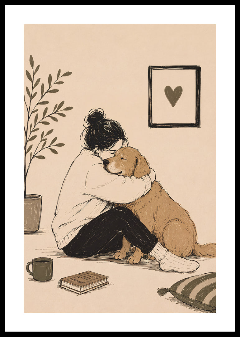 En varm illustration av en person som kramar sin golden retriever hemma.-12