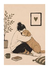 En varm illustration av en person som kramar sin golden retriever hemma.-1