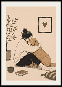 En varm illustration av en person som kramar sin golden retriever hemma.-2