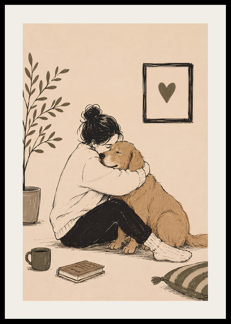 En varm illustration av en person som kramar sin golden retriever hemma.-12