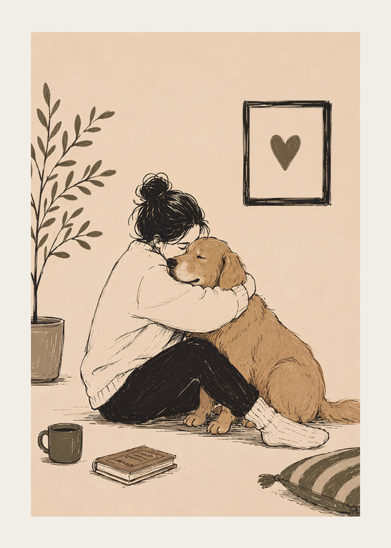 En varm illustration av en person som kramar sin golden retriever hemma.-12