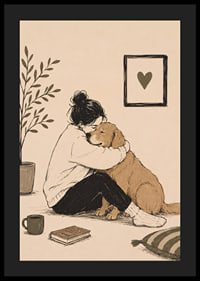 En varm illustration av en person som kramar sin golden retriever hemma.-4