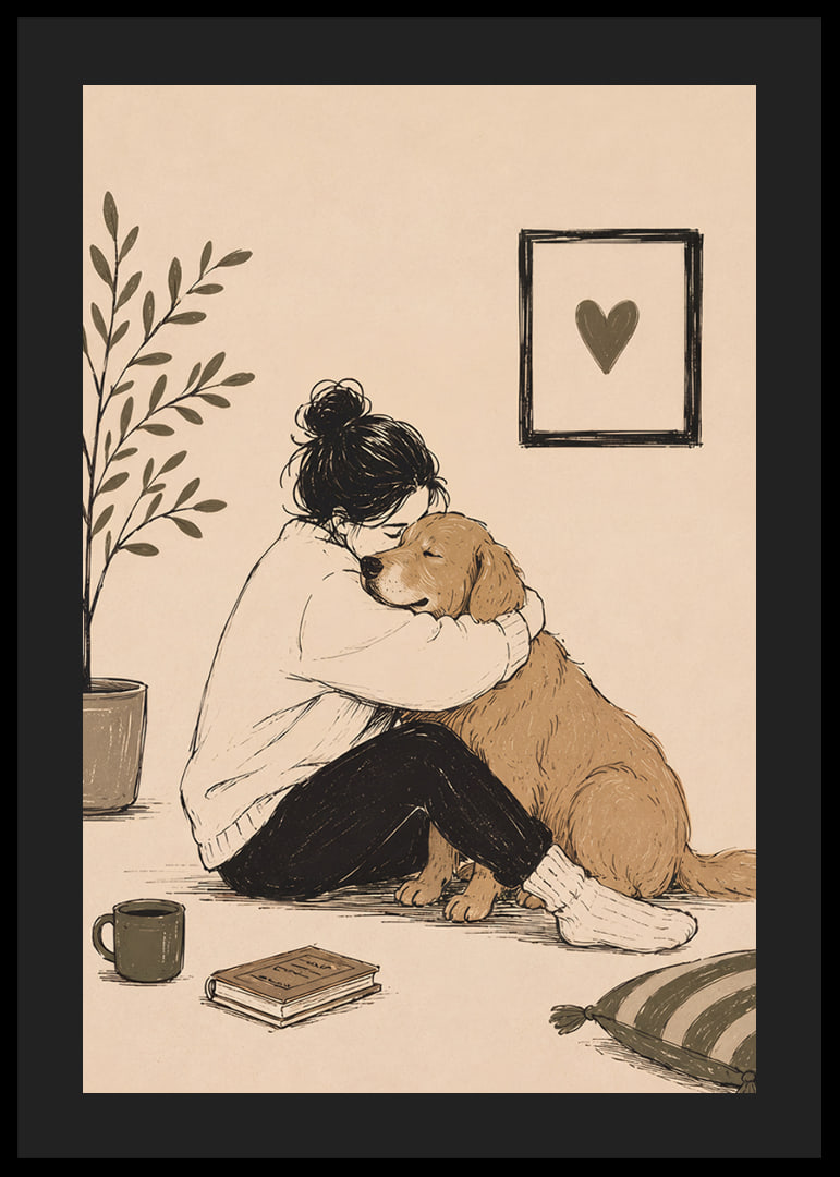 En varm illustration av en person som kramar sin golden retriever hemma.-12