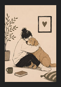 En varm illustration av en person som kramar sin golden retriever hemma.-5
